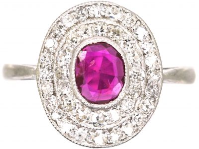 Edwardian 18ct White Gold, Ruby & Diamond Oval Cluster Ring
