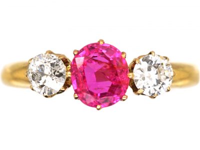 Edwardian 18ct Gold Pink Sapphire & Diamond Three Stone Ring