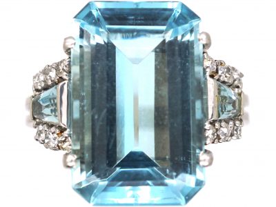 Retro 18ct White Gold, Rectangular Cut Aquamarine & Diamond Ring