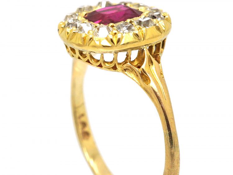 French Late 19th Century 18ct Gold, Ruby & Old Mine Cut Diamond Cluster Ring