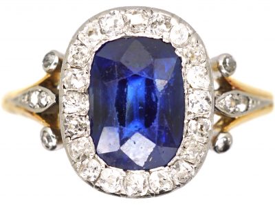 French Import Early 20th Century 18ct Gold & Platinum, Sapphire & Diamond Cluster Ring with Diamond set Shoulders