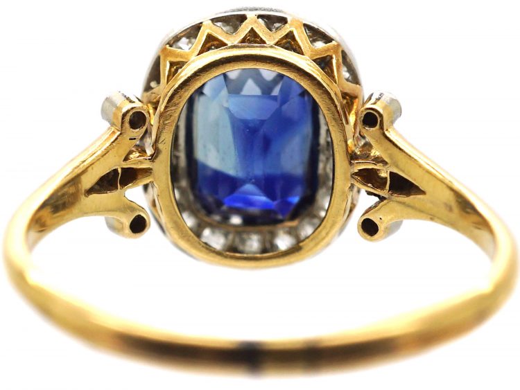 French Import Early 20th Century 18ct Gold & Platinum, Sapphire & Diamond Cluster Ring with Diamond set Shoulders