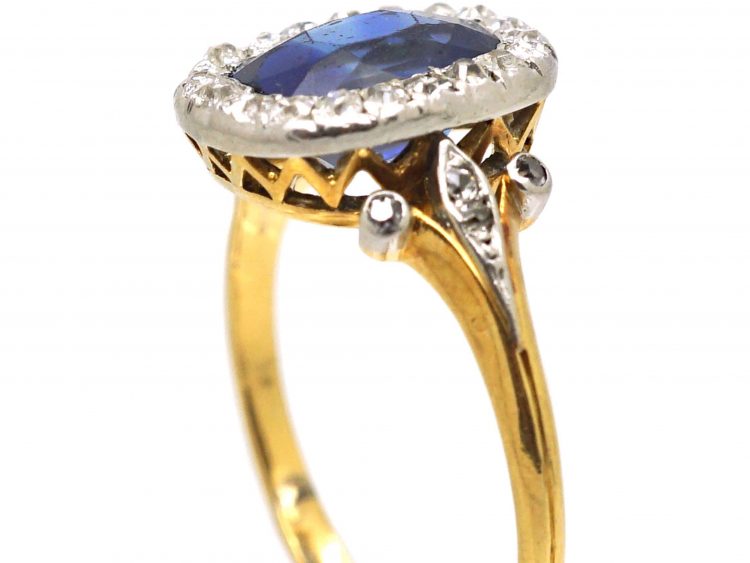 French Import Early 20th Century 18ct Gold & Platinum, Sapphire & Diamond Cluster Ring with Diamond set Shoulders