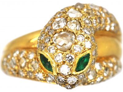 French 18ct Gold Snake Ring. set with Diamonds with Emerald Eyes