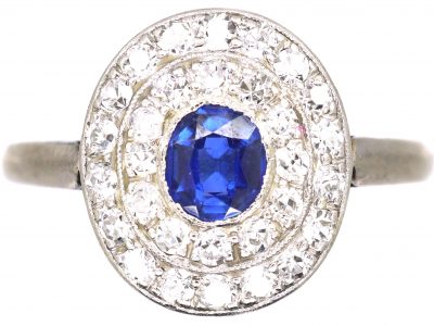 Edwardian Platinum, Sapphire & Two Row Diamond Cluster Ring