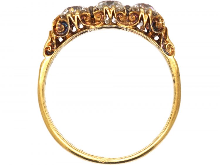 Edwardian 18ct Gold Three Stone Diamond Carved Half Hoop Ring