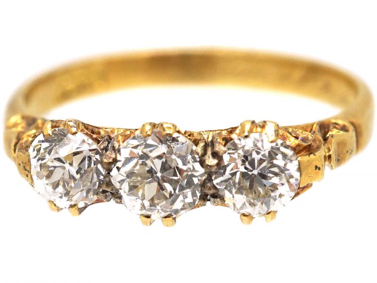 Edwardian 18ct Gold Three Stone Diamond Carved Half Hoop Ring