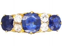 Victorian 18ct Gold Three Stone Sapphire & Diamond Carved Half Hoop Ring