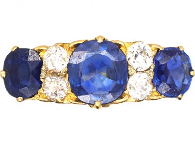 Victorian 18ct Gold Three Stone Sapphire & Diamond Carved Half Hoop Ring