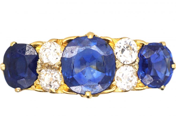 Victorian 18ct Gold Three Stone Sapphire & Diamond Carved Half Hoop Ring