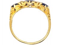 Victorian 18ct Gold Three Stone Sapphire & Diamond Carved Half Hoop Ring
