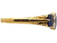 Victorian 18ct Gold Three Stone Sapphire & Diamond Carved Half Hoop Ring