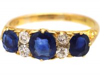 Victorian 18ct Gold Three Stone Sapphire & Diamond Carved Half Hoop Ring