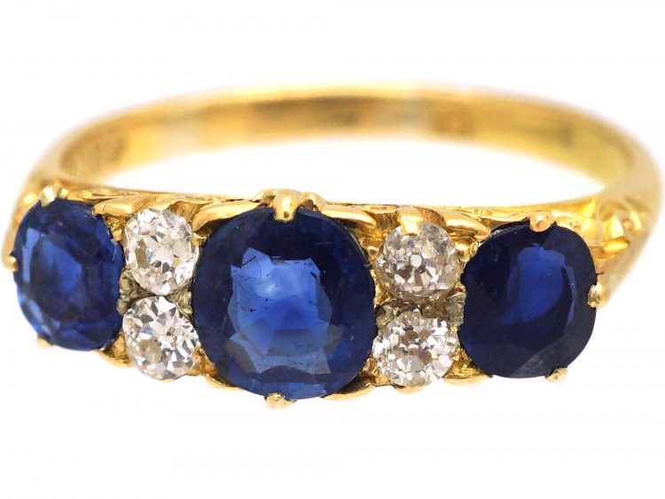 Victorian 18ct Gold Three Stone Sapphire & Diamond Carved Half Hoop Ring