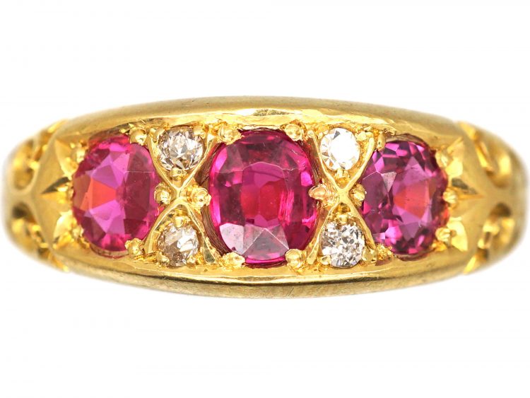 Edwardian 18ct Gold Three Stone Ruby & Diamond Ring