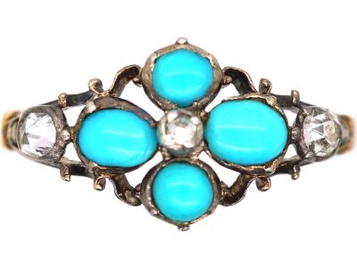 Georgian 15ct Gold & Silver Turquoise & Diamond Forget Me Not Ring