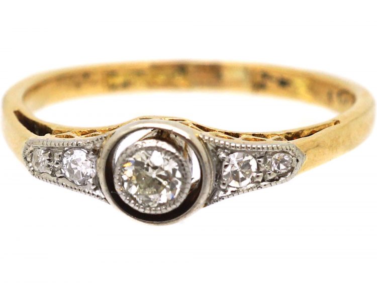 Art Deco 18ct Gold & Platinum Diamond Solitaire Ring with Diamond set Shoulders