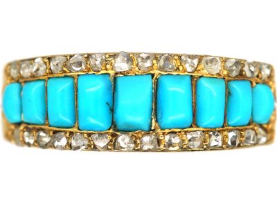 Victorian 15ct Gold Ring set with Nine Turquoise & Rose Diamonds
