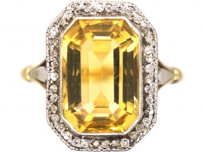 Art Deco 18ct Gold & Platinum, Rectangular Citrine & Diamond Ring