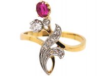 Art Nouveau 14ct Gold Flower Ring set with a Ruby & Diamonds