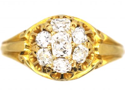 Victorian 18ct Gold Diamond Cluster Ring with Scroll Motifs on the Shoulders
