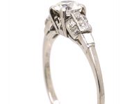 Art Deco Platinum Diamond Solitaire Ring with Square Cut Diamond Shoulders