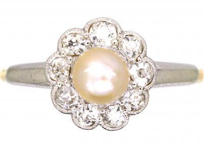Edwardian 18ct Gold & Platinum Diamond & Natural Pearl Cluster Ring by Deakin & Frances