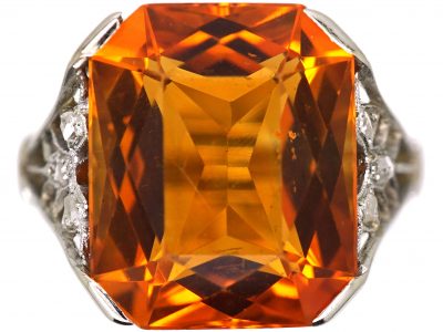 Retro 18ct White Gold Ring set with a Large Madeira Citrine & Rose Diamonds
