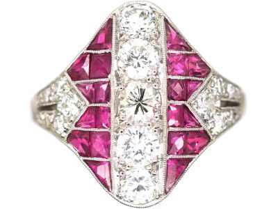 Art Deco Platinum Pink Sapphire & Diamond Zig Zag Ring