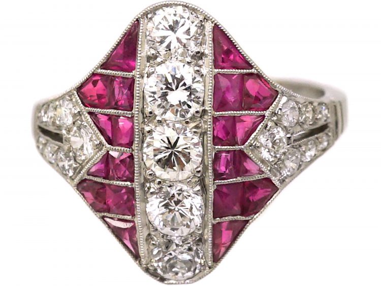 Art Deco Platinum Pink Sapphire & Diamond Zig Zag Ring