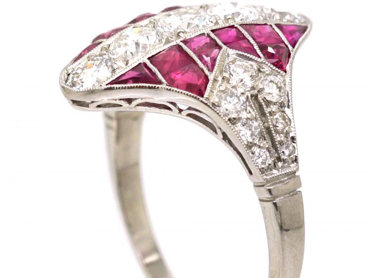 Art Deco Platinum Pink Sapphire & Diamond Zig Zag Ring