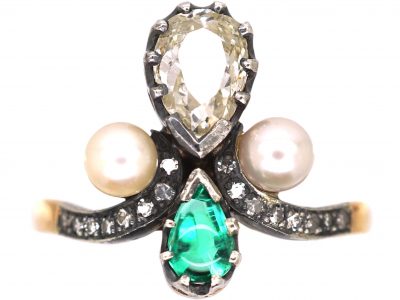Edwardian 14ct Gold & Silver Tiara Ring set with a Pear Shaped Diamond & Emerald & Two Pearls