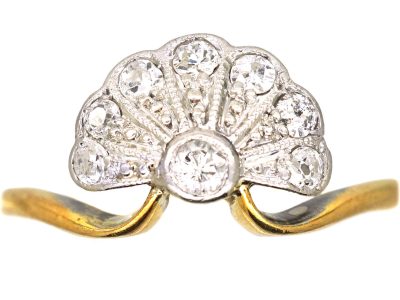 Art Deco 18ct Gold & Platinum Fan Ring set with Diamonds