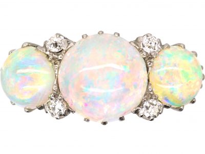 Edwardian 18ct Gold Three Stone Opal & Diamond Ring