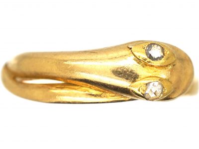 Edwardian 18ct Gold Snake Ring with Rose Diamond Eyes
