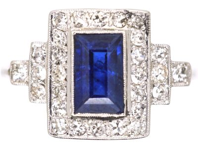 Art Deco 18ct White Gold & Platinum, Sapphire & Diamond Rectangular Ring