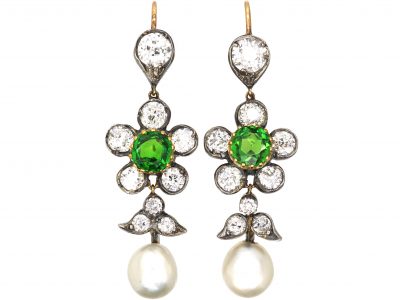 Edwardian Green Garnet, Diamond & Natural Pearl Drop Earrings