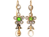 Edwardian Green Garnet, Diamond & Natural Pearl Drop Earrings