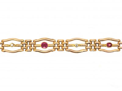 Edwardian 15ct Gold Gate Bracelet set with Rubies & Diamonds
