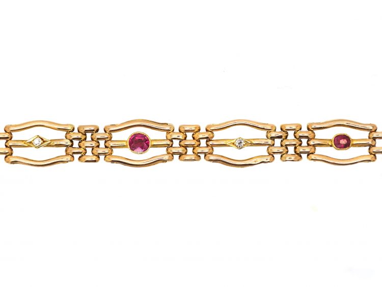 Edwardian 15ct Gold Gate Bracelet set with Rubies & Diamonds