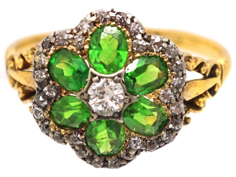 Edwardian 18ct Gold Green Garnet & Diamond Cluster Ring