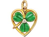Edwardian 15ct Gold Green Enamel Heart Pendant set with a Diamond