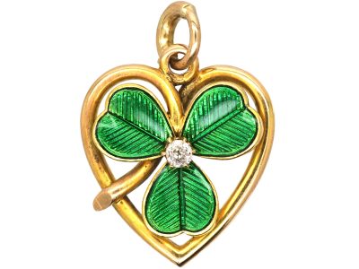 Edwardian 15ct Gold Green Enamel Heart Pendant set with a Diamond