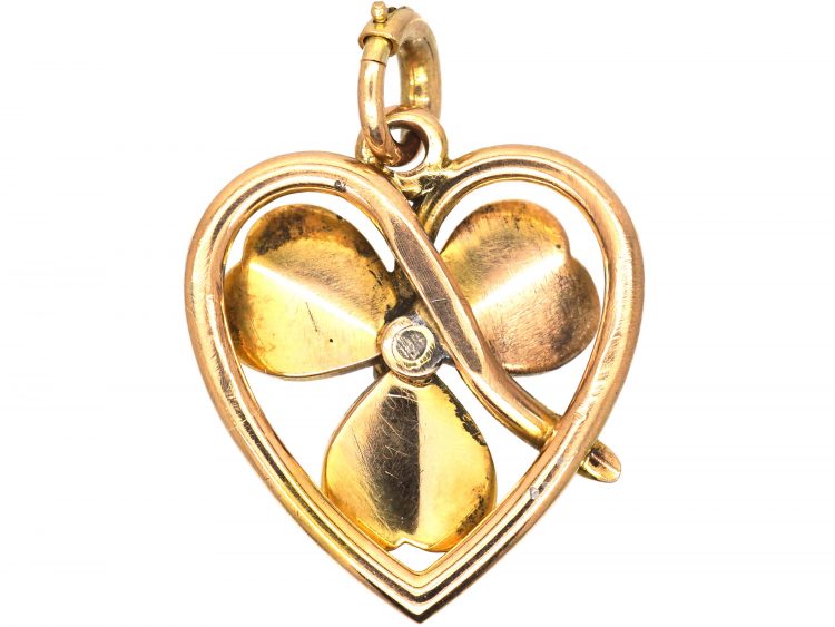 Edwardian 15ct Gold Green Enamel Heart Pendant set with a Diamond