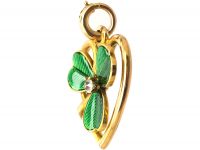 Edwardian 15ct Gold Green Enamel Heart Pendant set with a Diamond