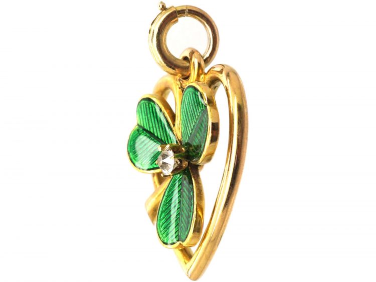 Edwardian 15ct Gold Green Enamel Heart Pendant set with a Diamond