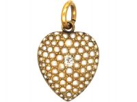 Edwardian 15ct Gold, Natural Split Pearl & Diamond Heart Pendant
