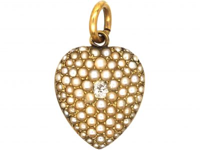 Edwardian 15ct Gold, Natural Split Pearl & Diamond Heart Pendant