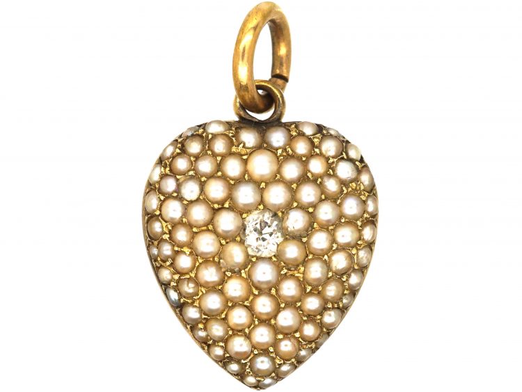 Edwardian 15ct Gold, Natural Split Pearl & Diamond Heart Pendant