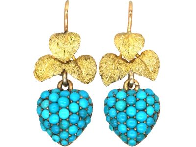 Victorian 15ct Gold Drop Earrings with Hearts set with Turquoise